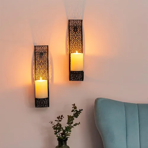 Vista 2 de Sziqiqi Portavelas de Pared Decorativo Apliques de Vela - Portavelas de Pilar Montados en la Pared para Sala de Estar, Baño, Granja, Boda - Juego