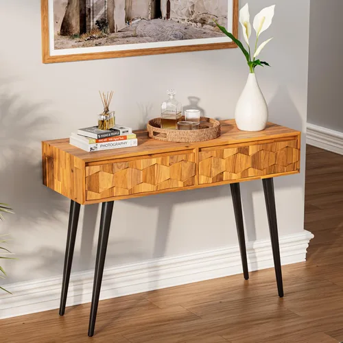 Vista 7 de Bme Lyra - Mesa consola, madera maciza pura con acabado de roble, mesa de entrada y pasillo, capacidad de 297 libras, niveladores ajustables, fácil