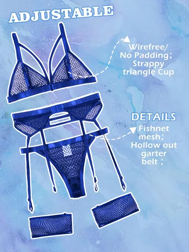 Vista 3 de popiv Conjunto sexy de lencería de red para mujer, conjunto de brasier y bragas de encaje con liguero, 4 piezas