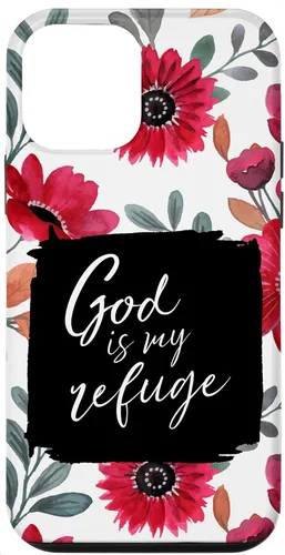 Vista 16 de God is My Refuge - Carcasa para iPhone 16, diseño de flores rojas con versículo bíblico del Salmo 91