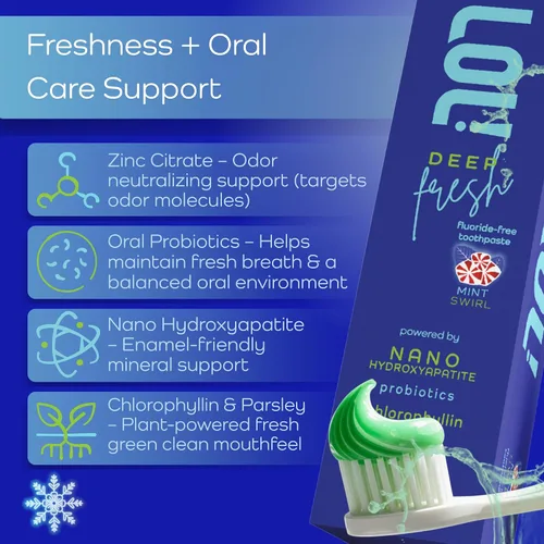 Vista 3 de LOL! Deep Fresh Mint Swirl Pasta de dientes, sin flúor, tratamiento para el mal aliento para adultos Nano hidroxiapatita, probióticos, clorofilina