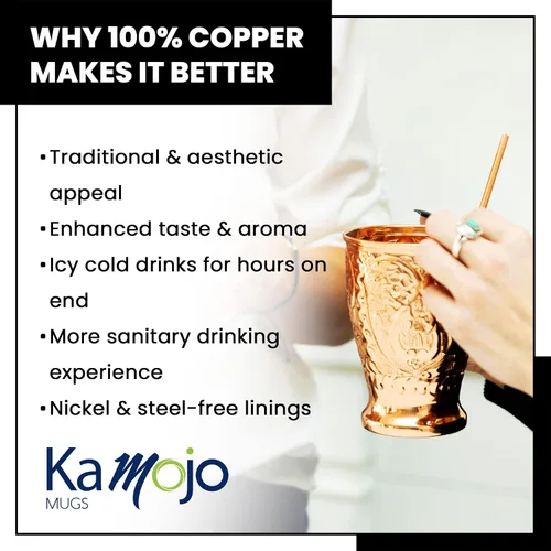 Vista 4 de Kamojo Moscow Mule Cups - Juego de 4 tazas de cobre Moscow Mule de primera calidad con diseño único en relieve y antideslustre, revestimiento