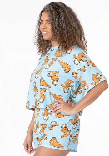 Vista 4 de Garfield Pijama para mujer Camiseta corta para mujer adulta con pantalones cortos y pantalones cortos, pijama azul con estampado de gato de dibujos