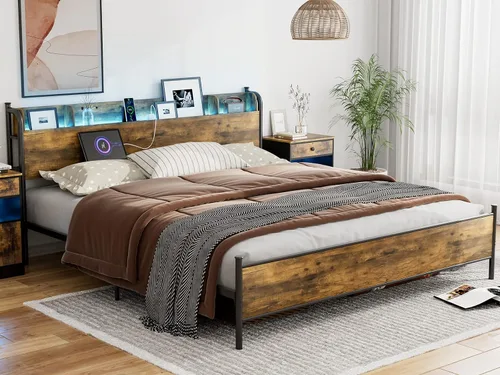 Vista 3 de IKIFLY Base de cama tamaño King con cabecera de estante de almacenamiento y Marrón rústico
