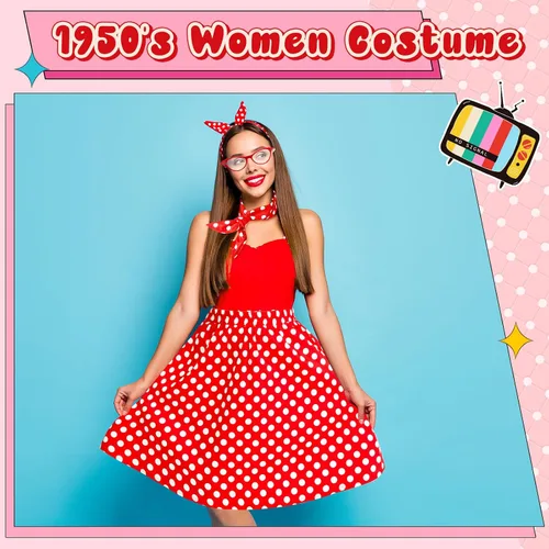 Vista 4 de Shinymoon 50s Costumes for women 1950s Vintage Outfits Polka Dot Skirt Dress Scarf Headband Sock Costume for Halloween Party