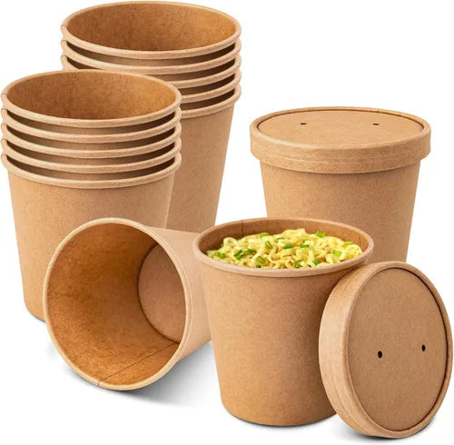 Vista 8 de PakTalk Recipientes de papel para sopa con tapas, paquete de 50 cuencos de sopa marrones, tazas biodegradables para helado con tapas para sopa