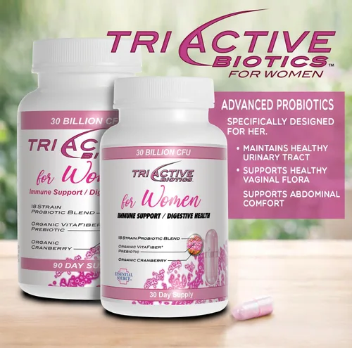 Vista 2 de Essential Source Triactive Biotics para mujeres - Probióticos para mujeres con 18 cepas, prebiótico orgánico VitaFiber y arándano para la salud
