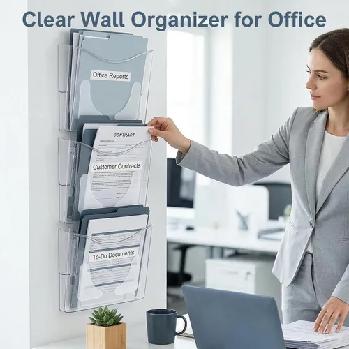 Vista 8 de PAG-Mass - Organizador de archivos de pared transparente de 6 bolsillos para oficina, soporte vertical para carpetas de documentos para el hogar