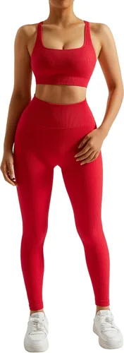 Vista 2 de RXRXCOCO Conjuntos de entrenamiento acanalados para mujer, 2 piezas, sin espalda, brasier deportivo con tirantes, leggings a juego, conjunto de yoga