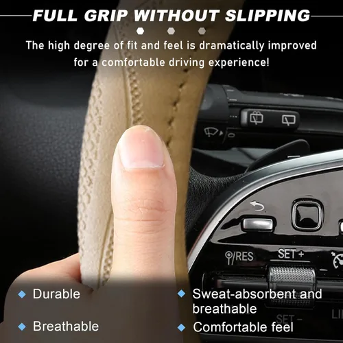 Vista 5 de Funda de cuero para volante de 15 pulgadas, transpirable, antideslizante, funda protectora para volante, elástica, suave, cómoda, universal