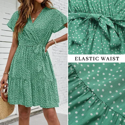 Vista 4 de ZESICA - Vestido corto con cuello en V cruzado para mujer, estampado floral bohemio, con vuelos, acampanado, vestido de verano 2024 para la playa