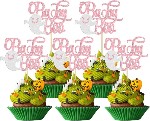 Vista 25 de Gyufise 24 adornos para cupcakes de Halloween con calabaza, fantasma, purpurina negra, decoraciones para cupcakes para niños, decoración de fiesta