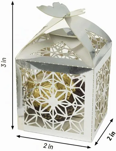 Vista 3 de Efavormart - 25 cajas de dulces con estampado de encaje con estampado de mariposa plateada, elegantes cajas de regalo con forma de mariposa