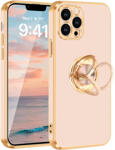 Vista 12 de Fingic - Funda para iPhone 13 Pro Max con soporte giratorio de 360° Shiny Gold Edge Slim Soft TPU Shockproof Protective Phone Case for Women Men