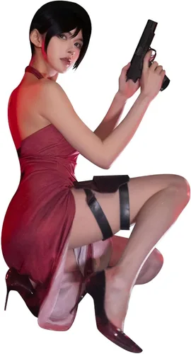 Vista 5 de Verycos Ada Wong Cosplay Cheongsam Re4 - Vestido rojo Remake para mujer, vestido con abertura alta, trajes de mariposa para Halloween