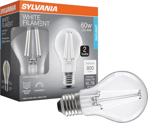 Vista 10 de Sylvania - Bombilla de filamento LED transparente A19, 6.5 W, regulable, 800 LMS, base media, 2700 K, blanco suave, paquete de 2 (42170)