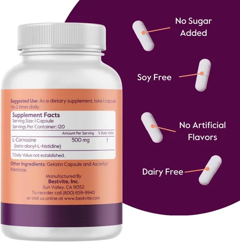Vista 3 de BESTVITE L-Carnosina 500mg (240 cápsulas) (120x2) Sin rellenos - Sin estearatos - Sin OMG - Sin gluten