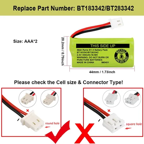 Vista 2 de iMah BT183342/BT283342 2.4V 400mAh Ni-MH - Batería compatible con baterías de teléfono inalámbrico AT&T VTech BT166342/BT266342 BT162342/BT262342