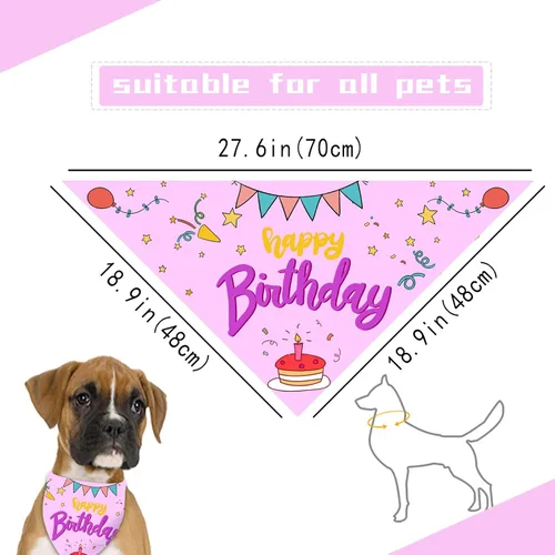 Vista 2 de Pañuelo de feliz cumpleaños para perro, bufanda lavable para mascotas, pañuelo triangular ajustable, impresión de doble cara, rosa, globo de pastel