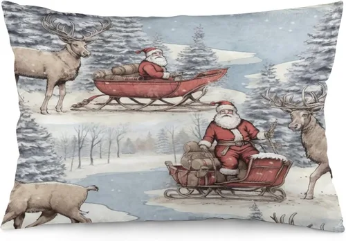 Vista 19 de Fundas de almohada decorativas de invierno, con bastones de caramelo, alce, Papá Noel, paseos en trineo, 12 x 20 pulgadas, con cremallera