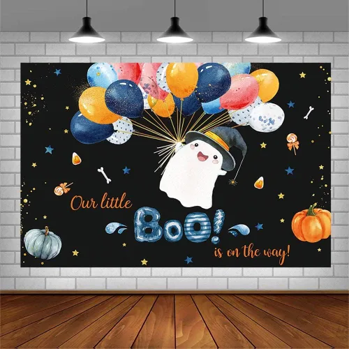 Vista 3 de SENDY Telón de fondo de Halloween para baby shower, de 7 x 5 pies, nuestro pequeño Boo está en el camino, suministros de decoración de fiesta