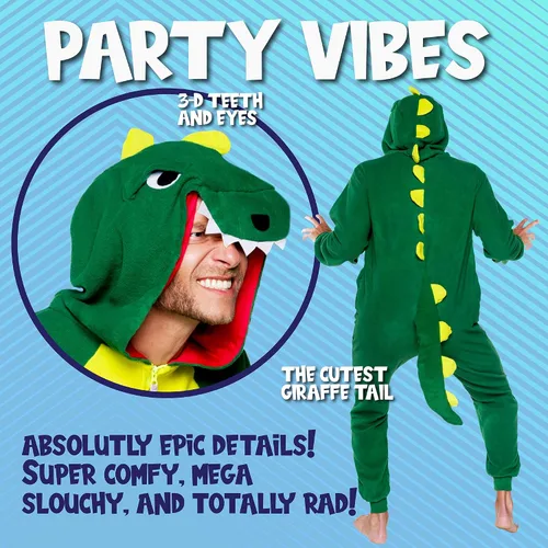 Vista 2 de FUNZIEZ! - Disfraz de animal de una pieza para adultos, disfraz de felpa para Halloween, traje de cosplay de fruta para mujer y hombre, Dinosaurio