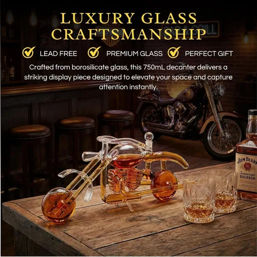 Vista 3 de Juego de decantador de whisky y vino en forma de motocicleta con regalos de motocicleta, regalos de moto, dispensador para vino, whisky escocés