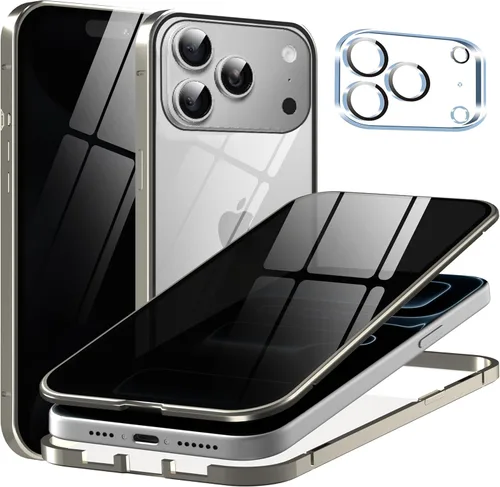 Vista 11 de Funda de privacidad de metal de titanio para iPhone 16, protector de pantalla de privacidad integrado y protector de lente de cámara, adsorción