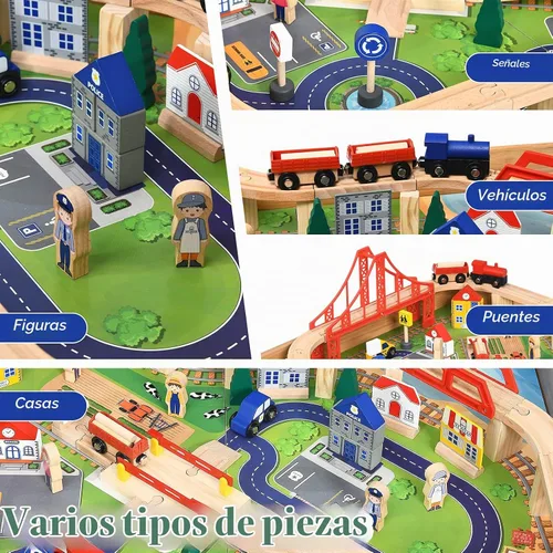 Vista 7 de GLACER Mesa de tren, 100 piezas de madera con cajón de almacenamiento