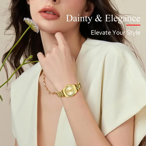 Vista 2 de Juego de reloj de oro para mujer, chapado en oro de 18 quilates, brazalete brazalete anillo para mujer, delicado reloj analógico impermeable