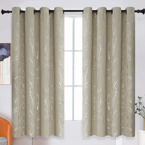 Vista 35 de BUHUA Cortinas pequeñas para ventana de 36 pulgadas de largo, 2 paneles, cortinas opacas con elegantes ramas de árbol plateadas, cortinas de bloqueo