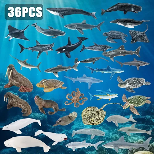 Vista 4 de 36 piezas de juguetes de animales marinos con tiburón, ballena, pulpo y otras figuras de animales del océano, juguetes para niños, adornos