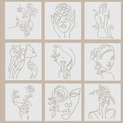 Vista 7 de ORIGACH 9 PCS 11.8x11.8 pulgadas Plantillas Abstractas Minimalistas Modernas de Mujeres, Patrón de Cara Femenina Floral Plantillas Grandes de PET