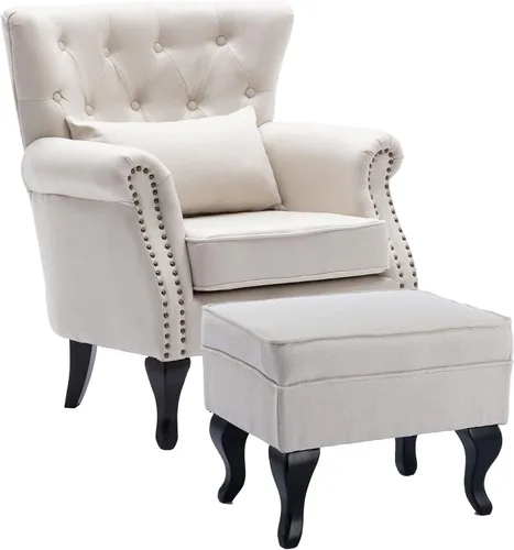 Vista 34 de Juego de 2 sillas decorativas modernas de mediados de siglo, sillón de tela de lino con respaldo acolchado/patas de madera, sillón de descanso