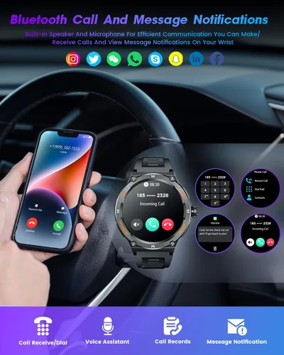 Vista 2 de Reloj inteligente para hombres Android Fitness Tracker: 1.53 "Militar Reloj inteligente con linterna brújula hacer respuesta Bluetooth Llamada