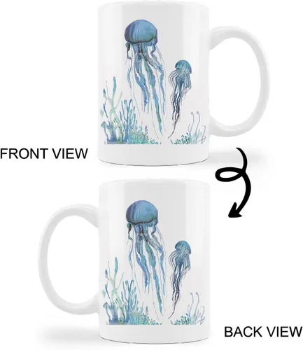 Vista 4 de kunlisa Taza de cerámica de medusas de acuarela, taza de cerámica para parejas de medusas de vida marina, taza de té con leche de 11 onzas, regalos