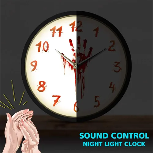 Vista 2 de Geek Alerts Reloj iluminado con control de voz LED, mano sangrienta, horror, funciona con pilas, luz LED inteligente, reloj de pared Qaurtz