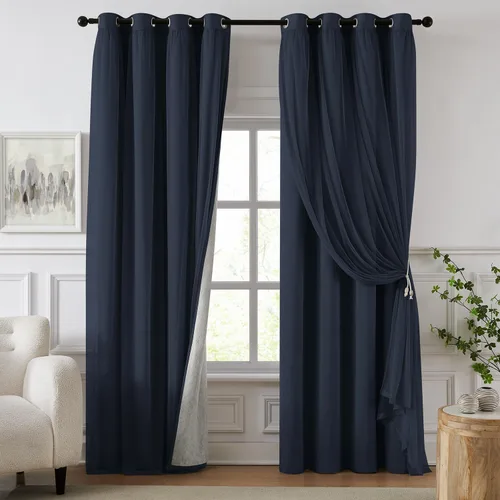 Vista 22 de cortinas 100% opacas para dormitorio, cortinas rosadas de doble capa, cortina oscura de 96 pulgadas de largo con superposición transparente