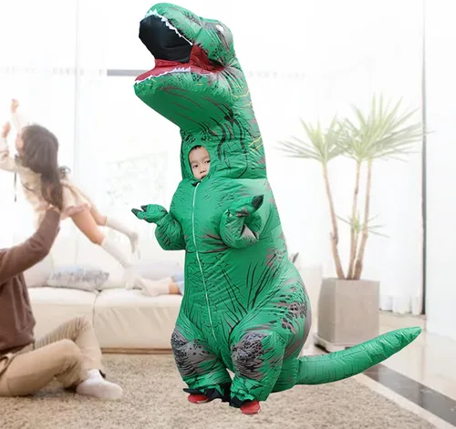 Vista 4 de Disfraz inflable de dinosaurio, impermeable con impresión clara para cosplay divertido (verde)