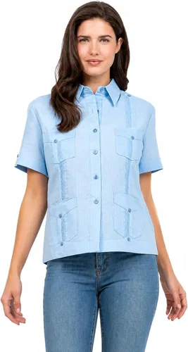 Vista 7 de Mojito Collection Camisa Guayabera tradicional de manga corta para mujer 100% lino Aguamarina