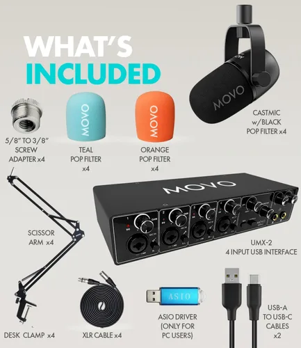 Vista 8 de Movo Paquete de equipos de podcast para 4 personas - Interfaz de audio USB de 4 canales, 4 micrófonos dinámicos CastMic, 4 brazos Boom - Kit