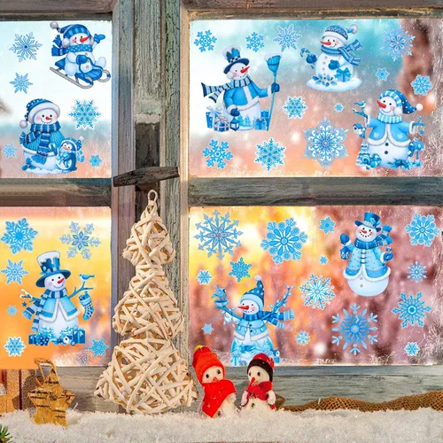 Vista 5 de Calcomanías de ventana de Navidad para vidrio, pegatinas de muñeco de nieve para ventana, polvo de brillo, etiquetas adhesivas estáticas de brillo