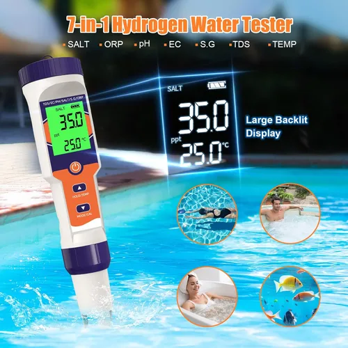Vista 6 de Probador digital de sal de piscina 7 en 1 pH, ORP, Salinity, TDS, EC, Temperature Meter, For Saltwater Pools, Hot Tubs, Spas, Aquariums, Azul