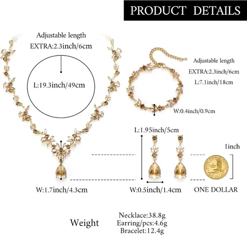 Vista 6 de BriLove Juego de joyas de boda para mujer, novia, collar en Y, pulsera de tenis, juego de aretes colgantes de lágrima de cristal, joyería de racimo