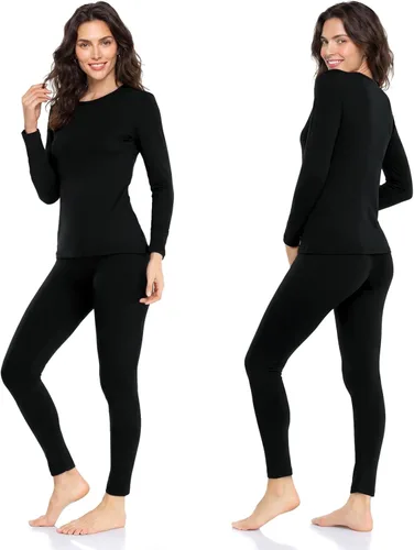 Vista 2 de WEERTI Ropa interior térmica para mujeres Long Johns con forro polar, capa base para mujeres para clima frío, conjunto de top y pantalón Negro
