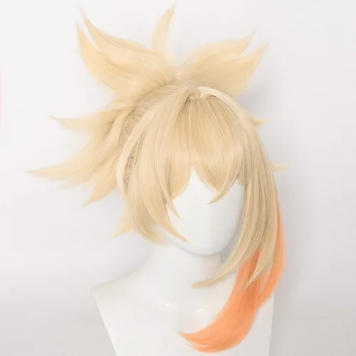 Vista 4 de LABEAUTÉ Yoimiya Cosplay de Genshin Impact - Peluca corta de dos trenzas para mujer
