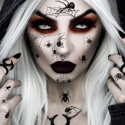 Vista 2 de 42 hojas de telaraña 3D y tatuajes temporales de cicatriz falsa, kit de maquillaje de Halloween, bruja zombi, realista, falso murciélago, tatuajes