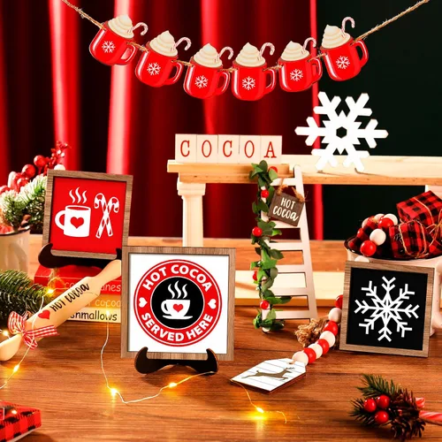 Vista 6 de Spiareal Juego de 15 piezas de decoración de bandeja escalonada de Navidad con chocolate caliente, decoración de mesa de madera, centros de mesa