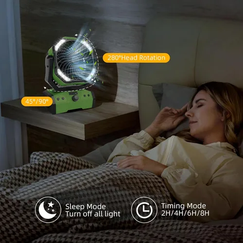 Vista 5 de ELZO Ventilador de campamento de 30000 mAh con luz LED, máximo 70 horas de trabajo, portátil inalámbrico, recargable, ventilador USB con gancho