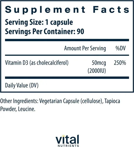 Vista 2 de Vital Nutrients Vitamina D3 2000 UI Suplemento de vitamina D para apoyar la absorción de calcio y la salud ósea* Sin gluten, lácteos y soja